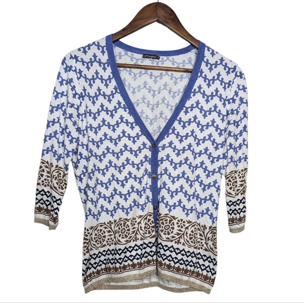 J. McLaughlin Ikat Mosaic Cardigan Sweater Small Blue Gold Metallic Trim Knit